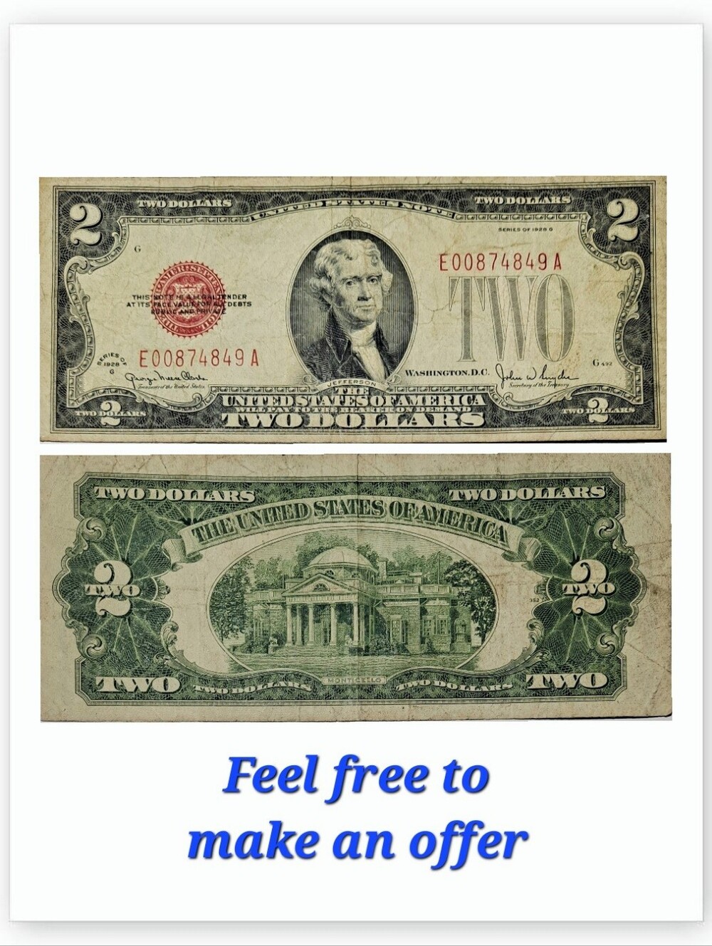 1928 $2 DOLLAR BILL "RED SEAL"